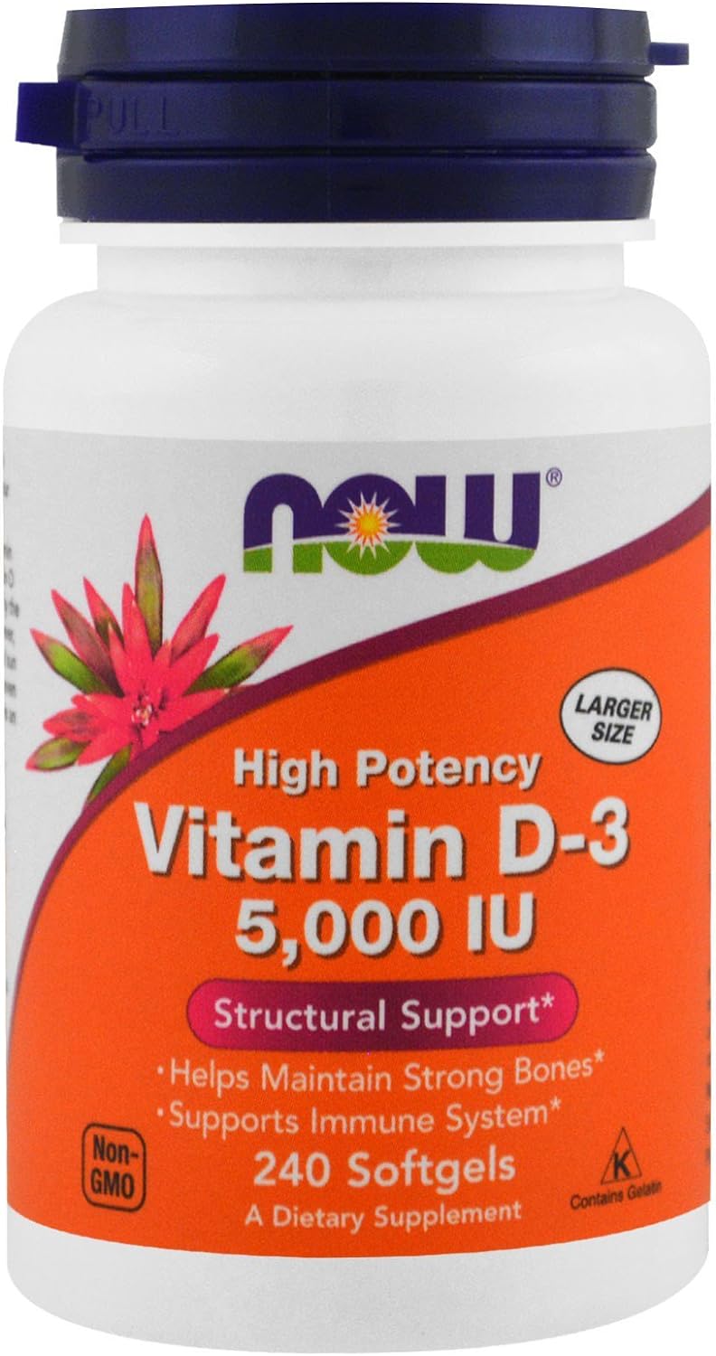 NOW Supplements, Vitamin D-3 5,000 IU, High Potency, Structural Support*, 240 Softgels