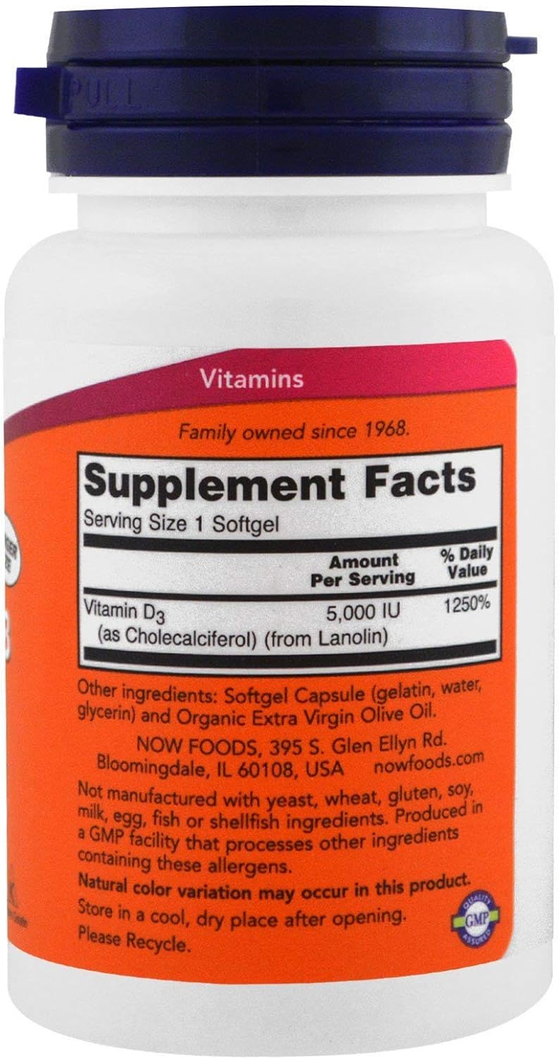 NOW Supplements, Vitamin D-3 5,000 IU, High Potency, Structural Support*, 240 Softgels